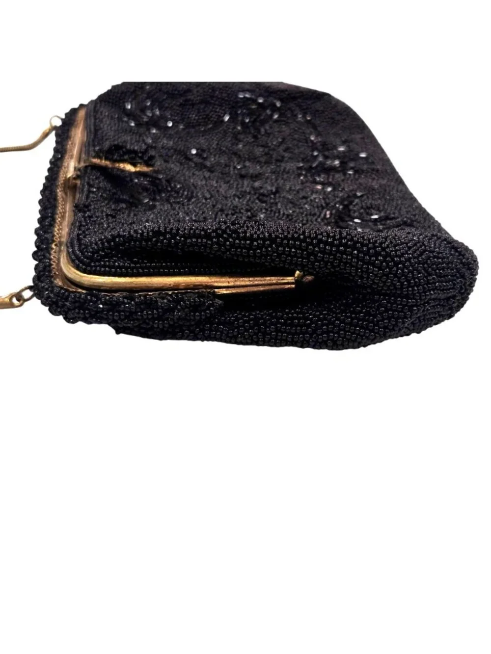 Vintage 1930's Black Seed-Beaded Scrollwork Evening Bag Hand Made in France Gold